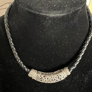 Source Unknown Black Braided Leather Necklace with Ornate Silver Accent